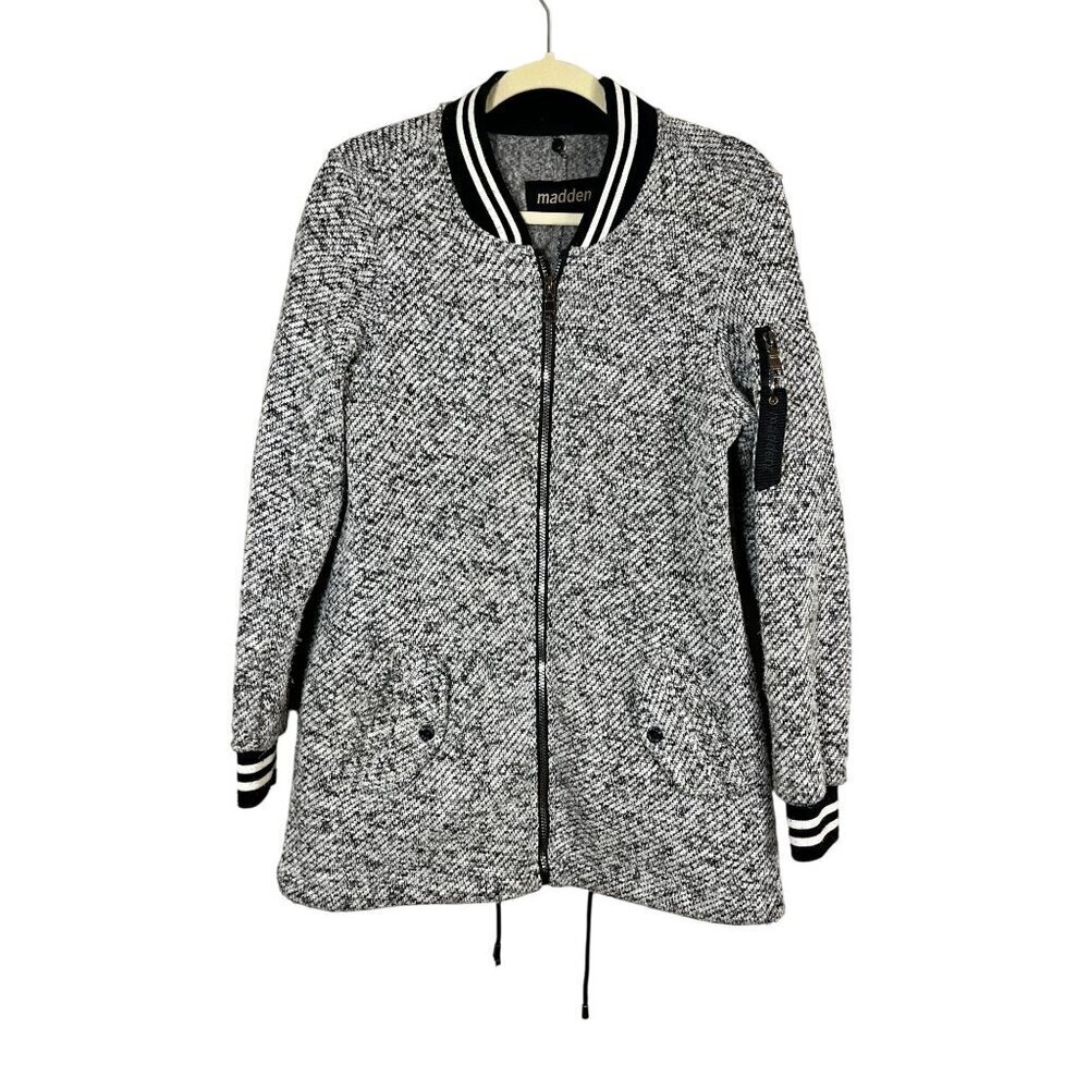 Madden Jacket M Black Speckled Neutral Classic Preppy Woven Knit Striped‎ 80s